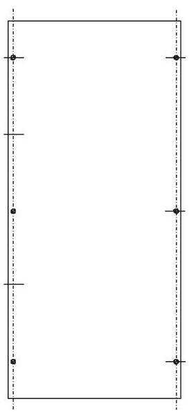 Ein rechteckiges Diagramm mit vertikalen gestrichelten Linien und kreisförmigen Markierungen in Abständen entlang der Seiten, die mögliche Messpunkte anzeigen.