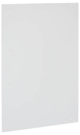 Ein schlichtes, weißes, rechteckiges Metallpaneel mit sichtbaren Schrauben an seinen Kanten vor einem weißen Hintergrund.