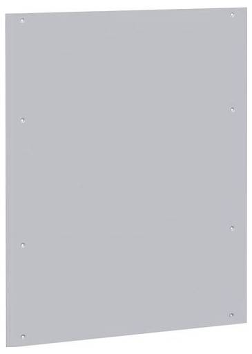 Eine schlichte graue Metallplatte mit abgerundeten Ecken und Schraubenlöchern entlang der Kanten.