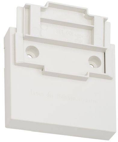 Eine wandmontierte, weiße Kunststoff-Telefonbuchse mit zwei Schraublöchern, die entwickelt wurde, um Kabel zu verbergen und eine Kabelführung zu ermöglichen.