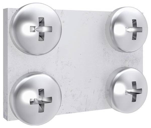 Vier große, glänzende Metallschrauben, die auf einer flachen, hellgrauen Oberfläche in einem Rechteck angeordnet sind. Die Schrauben bilden ein einfaches, symmetrisches Design.