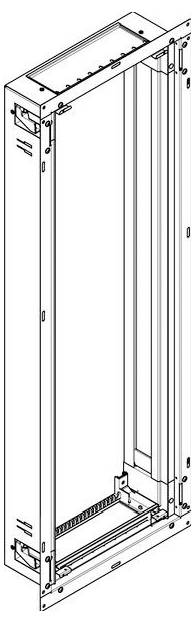 Eine schwarz-weiße Linienzeichnung einer hohen, rechteckigen Rahmenstruktur, höchstwahrscheinlich ein Rack oder Gehäuse, mit leeren Einschüben und seitlichen Öffnungen.