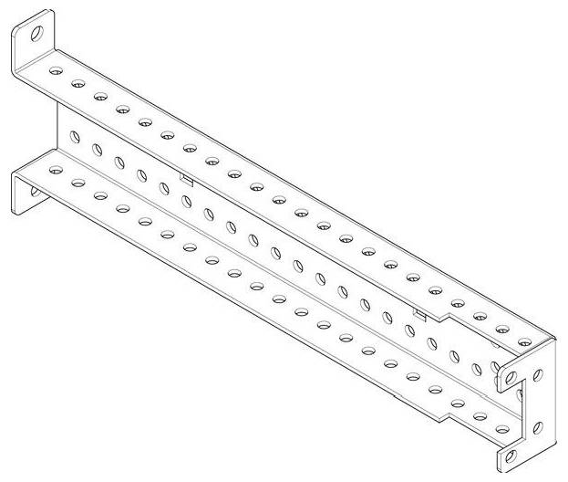 Eine schwarz-weiße Linienzeichnung eines gelochten Metallhalteträgers mit mehreren kreisförmigen Löchern, konzipiert für strukturelle Befestigungen.