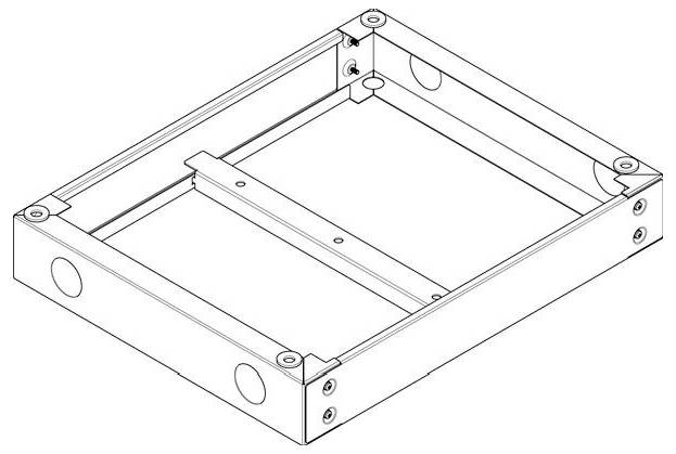 Technische Linienzeichnung eines rechteckigen Metallrahmens mit kreisförmigen Ausschnitten und sich kreuzenden Stützstreben. Entwickelt für Montage oder strukturelle Unterstützung.