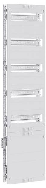 Ein elektrisches Schaltpanel mit fünf modularen Steckplätzen für Sicherungsautomaten, eingebaut in ein vertikales, graues Gehäuse.