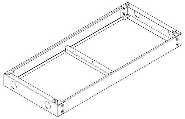 Technische Zeichnung eines rechteckigen Metallrahmens mit zwei horizontalen Streben und kreisförmigen Öffnungen an den Ecken.