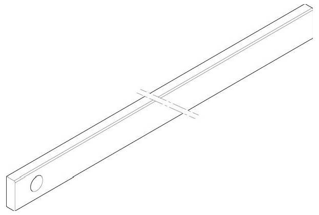 Ein lineares Objekt, möglicherweise ein Stab oder eine Stange, mit einem Loch nahe einem Ende und einem diagonalen Schnitt, der entlang seiner Länge markiert ist, dargestellt in einer isometrischen Ansicht.