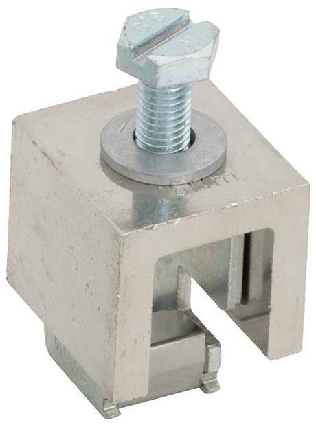 Metallischer elektrischer Verbinder mit einem Bolzen an der Oberseite, verwendet zum Sichern von Kabeln. Das Gerät verfügt über eine U-förmige Öffnung an der Unterseite.