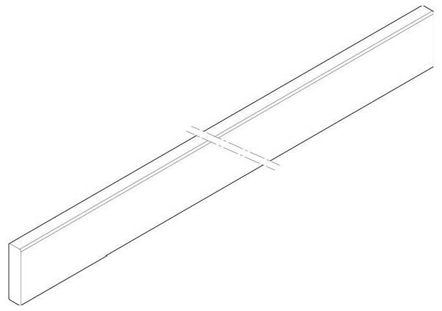 Ein einfacher horizontaler rechteckiger Träger mit einer diagonalen gestrichelten Linie quer durch die Mitte, die einen Bruch oder einen Schnitt im Träger andeutet.
