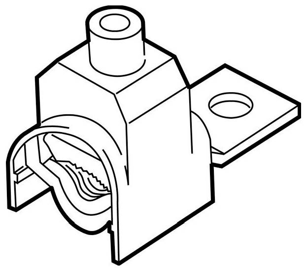 Eine Darstellung einer Metallkabelklemme mit einem Schraubbefestigungspunkt und einer gezahnten Innenseite, die zum Sichern von Kabeln oder Drähten verwendet wird.