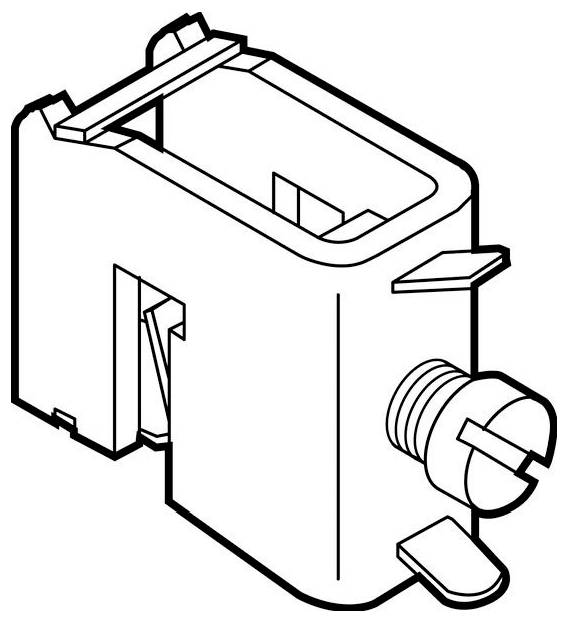 Eine Linienzeichnung eines rechteckigen mechanischen Bauteils mit offener Oberseite, Schlitzen an einer Seite und einem großen verstellbaren Knopf an der Vorderseite.