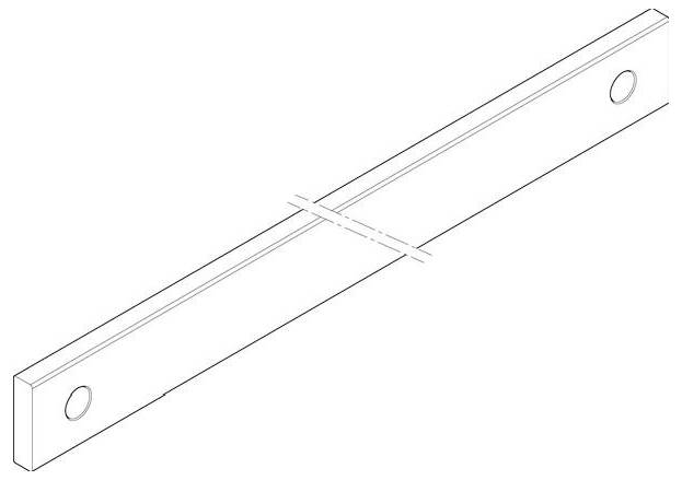 Liniendiagramm eines langen, rechteckigen Balkens mit Löchern an beiden Enden, wahrscheinlich für strukturelle Anwendungen verwendet.