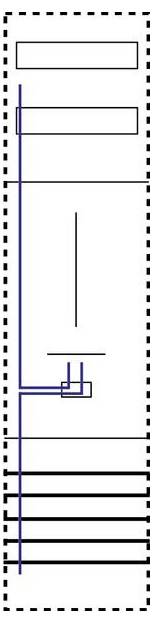 Liniendiagramm mit zwei gestrichelten Rechtecken, einer vertikalen Linie, die von oben herabsteigt, verbunden mit horizontalen Linien und einem kleinen Quadrat in der Mitte, mehrere horizontale Linien am unteren Rand.