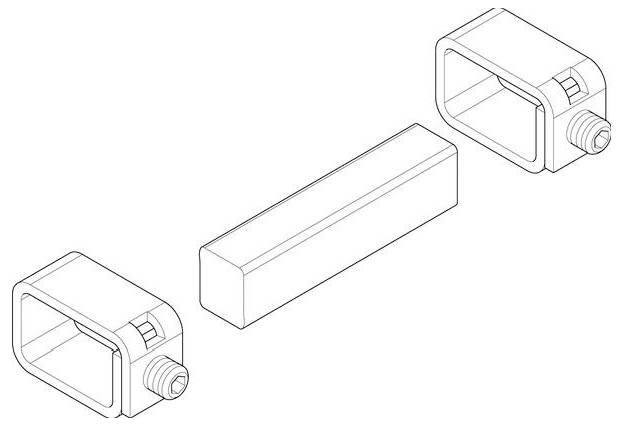 Diagramm eines rechteckigen Trägers mit zwei Anschlüssen an beiden Enden, wahrscheinlich zur Demonstration eines Montage- oder Strukturkonzepts.