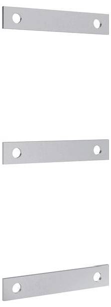 Drei graue Metallhalterungen, jeweils mit zwei Löchern, vertikal ausgerichtet, zur Montage oder Verbindung von Materialien.