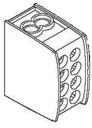 Ein 8-poliger elektrischer Anschlussblock, der zum Verbinden von Drähten konzipiert ist und zwei obere Anschlüsse sowie acht seitliche Anschlüsse für die Leitungsintegration aufweist.