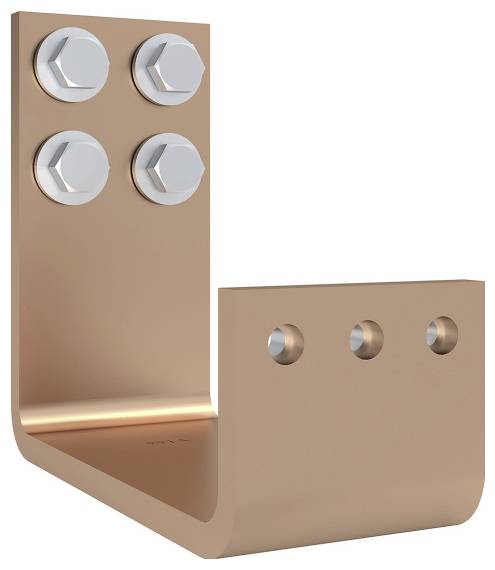 Kupfer-Elektroschienenklemme mit vier sechskantigen Schraubenköpfen auf einer Seite und drei Löchern auf der anderen Seite, verwendet für elektrische Verbindungen.