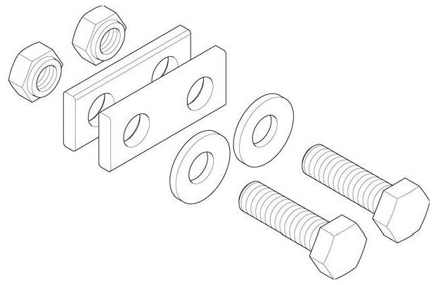 Montagediagramm der Bauteile einschließlich Schrauben, Muttern, Unterlegscheiben und Platten mit Löchern, die zeigt, wie die Komponenten zusammenpassen.