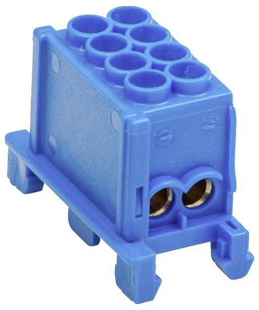 Ein blauer elektrischer Anschlussblock mit mehreren Eingangslöchern oben und zwei größeren Anschlüssen an der Vorderseite.