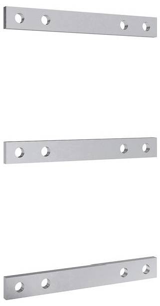 Drei silberne Metallstäbe vertikal ausgerichtet, jeder mit vier gleichmäßig verteilten Löchern, verwendet für konstruktive oder Montagezwecke.