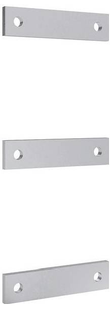Drei silberne rechteckige Metallplatten mit je zwei gleichmäßig angeordneten und vertikal ausgerichteten Löchern vor einem weißen Hintergrund.