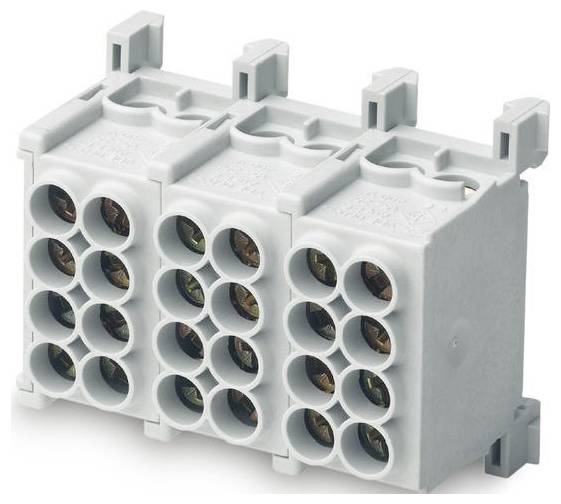 Ein grauer elektrischer Anschlussblock mit mehreren kreisförmigen Anschlüssen, entwickelt zum Sichern und Organisieren elektrischer Verbindungen.