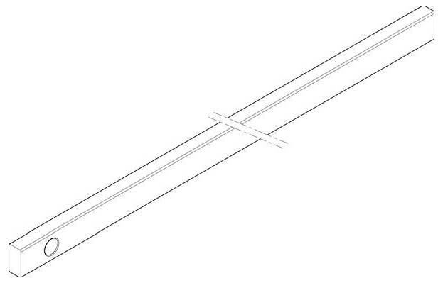 Eine einfache Linienzeichnung eines langen, rechteckigen Metallbalkens mit einem Loch nahe dem einen Ende und einer diagonalen Linie, die ihn durchkreuzt.