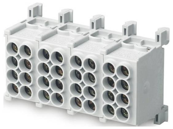 Ein elektrischer Klemmenblock mit vier Reihen von kreisförmigen Schlitzen für Drahtverbindungen, der zur Organisation und Verbindung elektrischer Schaltkreise verwendet wird.