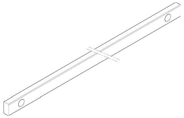 Eine lange, rechteckige Metallstange mit runden Löchern an jedem Ende, diagonal betrachtet.