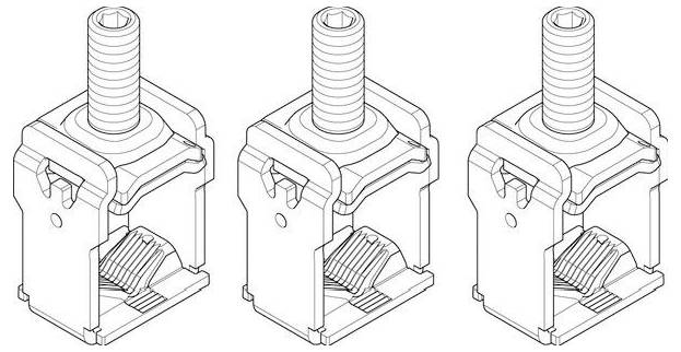 Drei technische Zeichnungen von elektrischen Anschlüssen mit einer Schraube oben, dargestellt aus einem Winkel, der die internen Mechanismen hervorhebt.