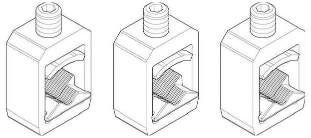 Drei technische Illustrationen eines RJ45-Steckers aus verschiedenen Perspektiven, die Innenkomponenten und Drahtanordnung darstellen.