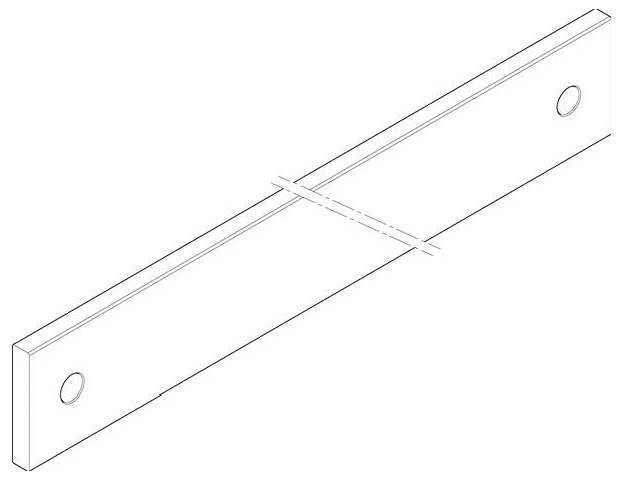 Isometrische Zeichnung eines langen, flachen Metallstabes mit einer Verjüngung in der Nähe der Enden, wobei jedes Ende ein kreisförmiges Loch enthält.