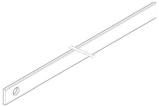 Darstellung eines langen, dünnen Stabes mit einem Loch an einem Ende, leicht geneigt und in der Nähe der Mitte von einer Querline durchschnitten.