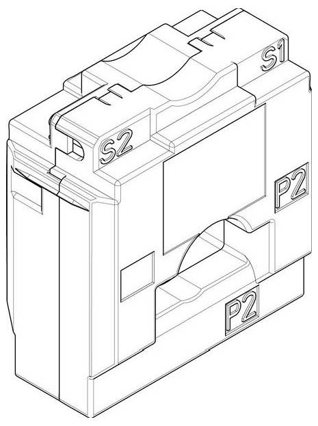 Eine 3D-technische Zeichnung einer elektrischen Komponente, die mit 'S1, S2, P2' an ihren Seiten beschriftet ist, was Anschluss- oder Bedienungspunkte anzeigt.