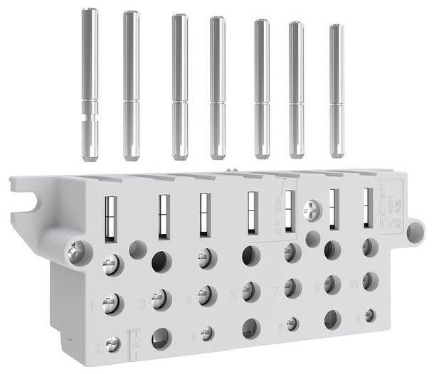 Ein Ventilverteiler mit sechs solenoidsgesteuerten Ventilports und Anschlüssen, die vom Hauptgehäuse getrennt dargestellt werden, zur Verwendung in Fluidsteuerungssystemen.