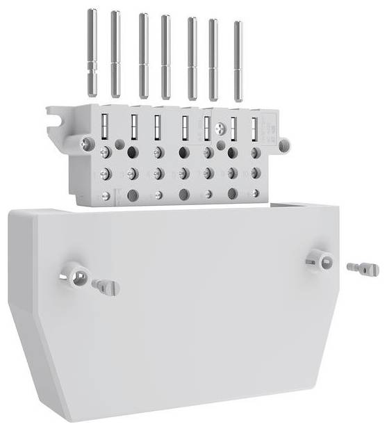 Ein modularer Mehrfachanschluss mit einer Metallbasis, vertikalen Metallverbindern und verschiedenen Anschlüssen, wahrscheinlich für industrielle oder elektrische Anwendungen verwendet.