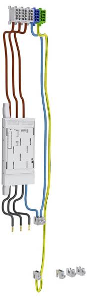 Ein elektrisches Schaltungdiagramm, das ein Netzwerk von farbigen Kabeln zeigt, die mit einer zentralen Steuereinheit verbunden sind, mit Stecker- und Buchsenkomponenten.
