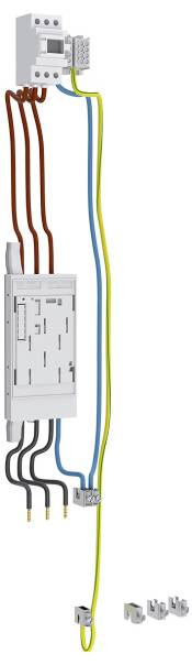 Schaltplan eines elektrischen Verteilungssystems mit farbigen Kabeln, die einen Sicherungsautomaten und eine Verteilerdose verbinden, versehen mit beschrifteten Anschlüssen.