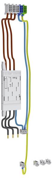 Ein elektrischer Verteilerblock mit mehreren angeschlossenen Kabeln, ausgestattet mit farbcodierten Leitungen in Rot, Braun, Blau und Gelb-Grün.