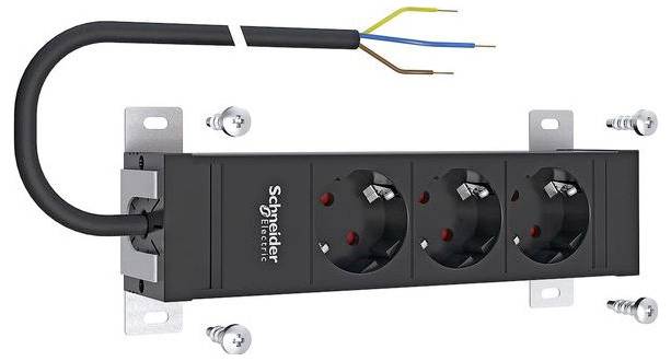 Netzteilleiste von 'Schneider Electric' mit drei Steckdosen und freiliegenden Kabeln. Enthält vier Schrauben zur Wandmontage.