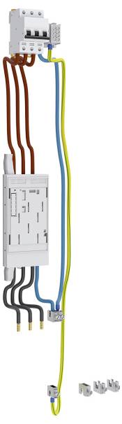 Elektrischer Leistungsschalter und Verteilerschrank mit angeschlossener Verkabelung, ausgestattet mit mehreren farbigen Kabeln, die Verbindungen zu Geräten anzeigen.