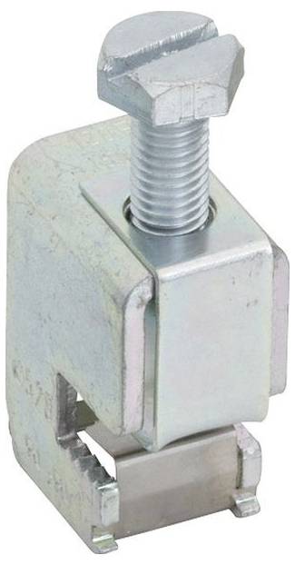 Eine Metallbolzenklemme mit einer Gewindeschraube und einer gerillten Basis. Wird zum festen Zusammenhalten von Objekten oder Materialien verwendet.