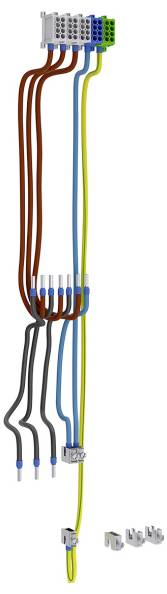 Ein vertikales Verdrahtungsdiagramm zeigt farbige Kabel, die einen Klemmblock oben mit Anschlüssen unten verbinden. Es umfasst neun Kabel in verschiedenen Farben.