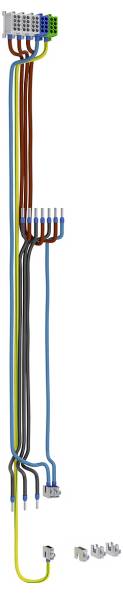 Kabelbaum-Diagramm, das farbcodierte Leitungen zeigt, die an einem Ende an einen Stecker angeschlossen sind und am anderen Ende einzelne Anschlüsse aufweisen.