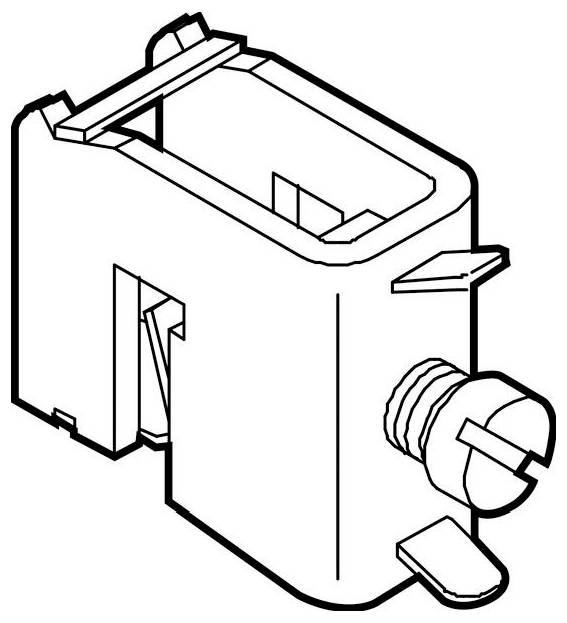 Technische Linienzeichnung einer elektrischen Komponente mit rechteckigem Gehäuse, versehen mit einer schraubenähnlichen Einstellvorrichtung an einer Seite und zusätzlichen Stützstrukturen.