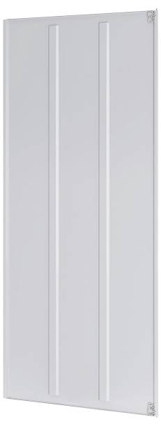 Eine weiße Türfüllung mit zwei vertikalen Rillen ist vor einem einfarbigen Hintergrund zu sehen.