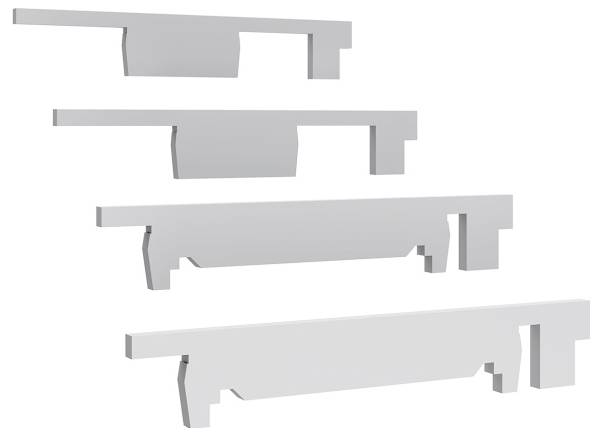 Zeichnungen von vier architektonischen Zierleistenprofile in verschiedenen Formen und Tiefen, die unterschiedliche Designstile für den Bau veranschaulichen.