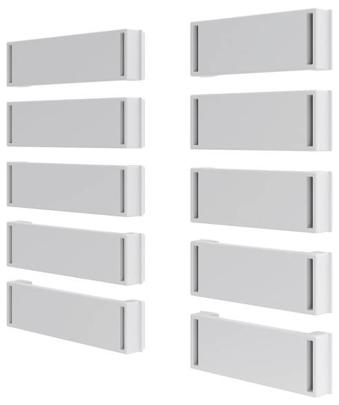 Eine Reihe von zehn identischen, vertikal ausgerichteten rechteckigen Objekten mit minimalistischem Design vor einem schlichten weißen Hintergrund.
