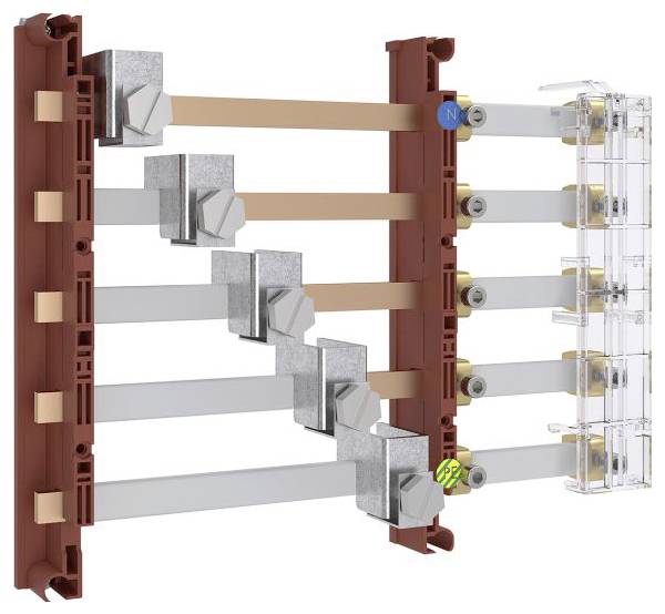 Ein Stromverteilungsblock mit miteinander verbundenen Metallstangen und Anschlüssen zur Strommanagement, mit beschrifteten Komponenten.