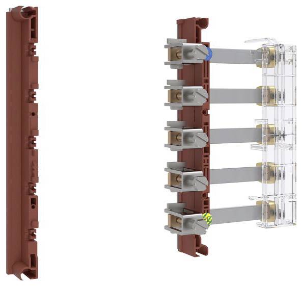 Elektrischer Leistungsschalter mit einem roten und transparenten Gehäuse, ausgestattet mit Metallverbindern und Halterungen für Stromverteilung.